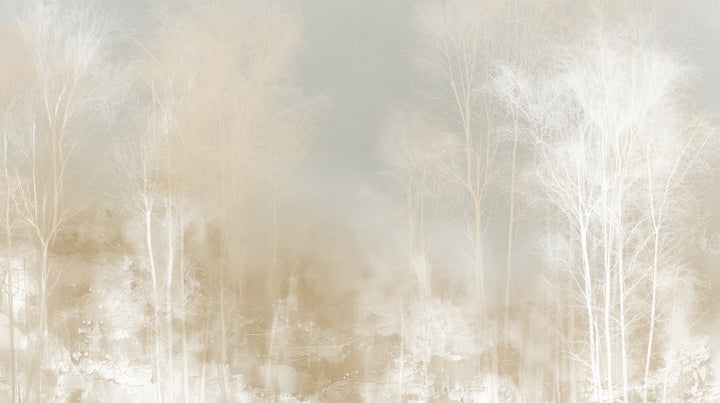 CRAQUELURE – motif complet : forêt brumeuse d'arbres blancs et crème au-dessus d'une bande d'enduit craquelé couleur sable