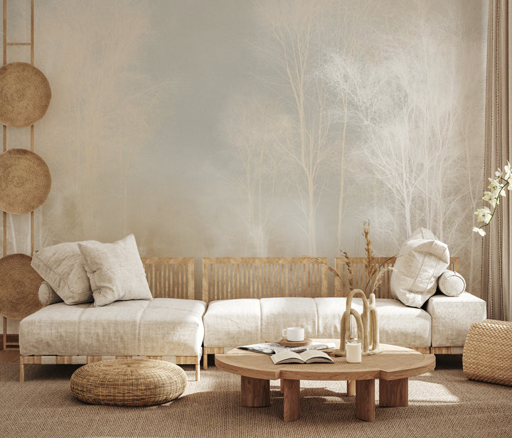 CRAQUELURE sur tout le mur d'un salon clair : les arbres blancs s'élèvent au-dessus d'un long canapé clair et d'une table en bois