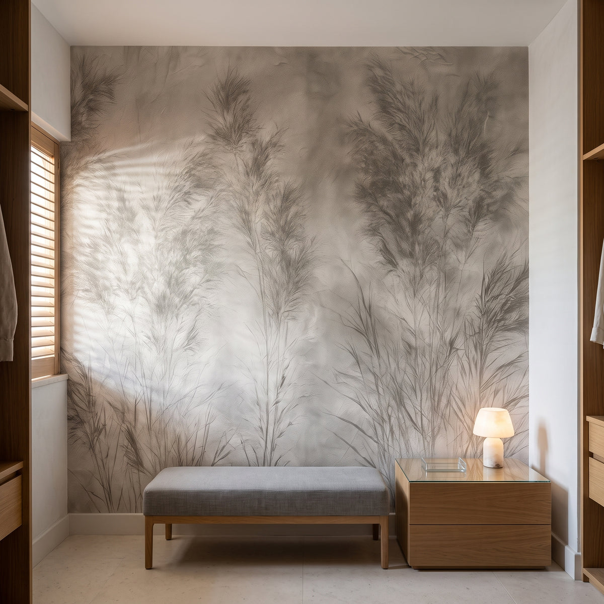 CREASED LINEN im Ankleidezimmer eines Bauhaus-Apartments in Tel Aviv, davor eine niedrige Leinenbank und eine Kommode