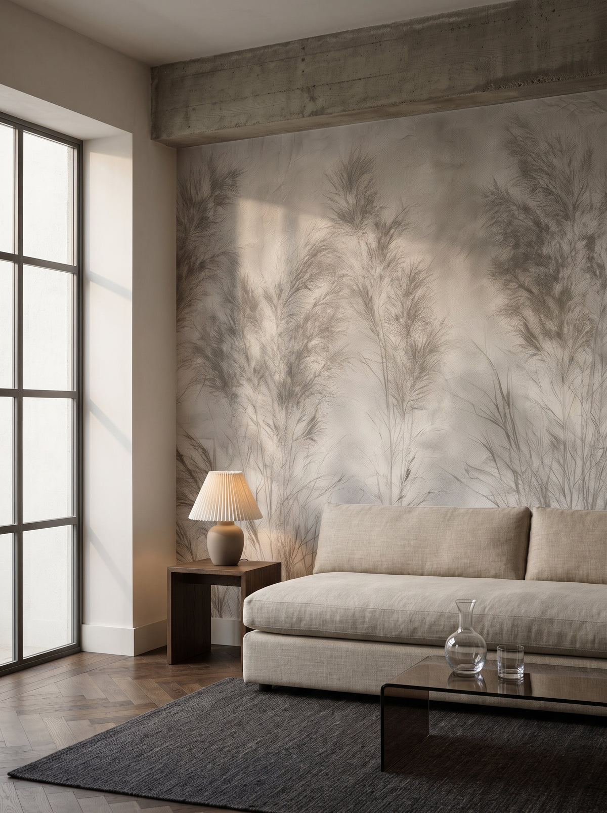 CREASED LINEN im Wohnzimmer eines Londoner Wohnblocks aus den 60er-Jahren, davor ein niedriges Leinensofa und ein Couchtisch aus Rauchglas