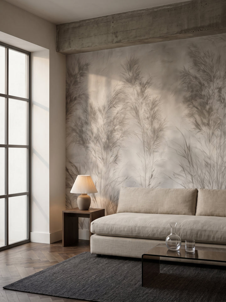 CREASED LINEN w aranżacji salonu w londyńskim bloku z lat 60., przed ścianą niska lniana sofa i stolik z przydymionego szkła