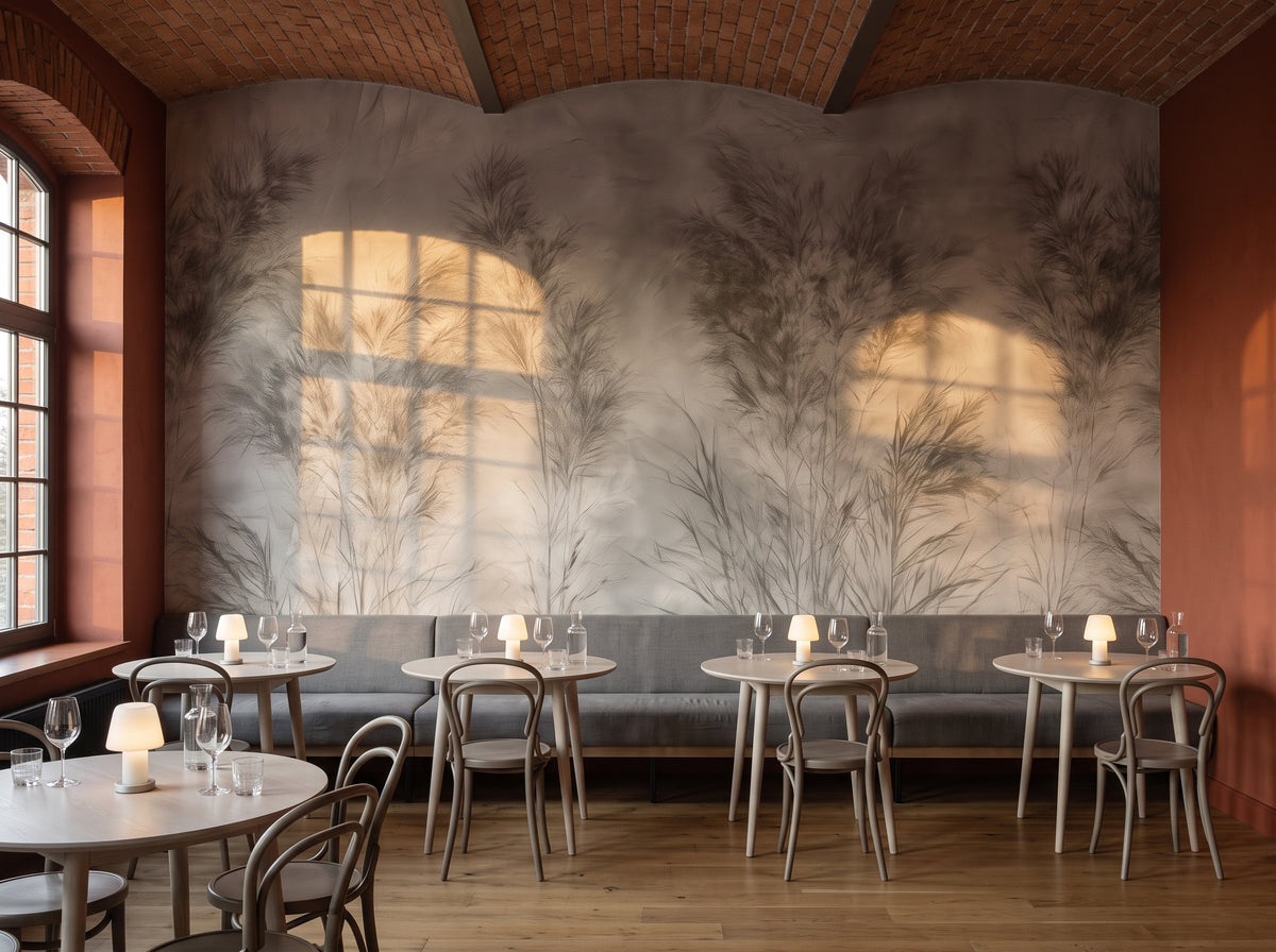 CREASED LINEN im Restaurant einer ehemaligen Spinnerei in Lodz, davor eine lange Bank mit Leinenbezug und runde Tische