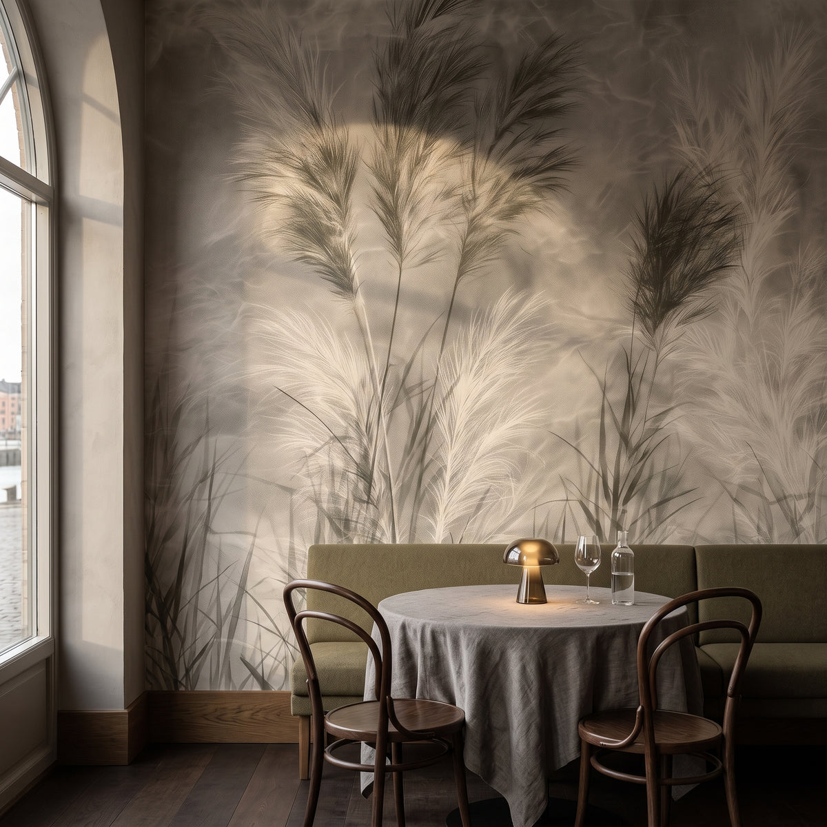 CROSSWIND im Interieur eines Restaurants in einem ehemaligen Zollamt, mit olivgrüner Sitzbank und rundem Tischchen