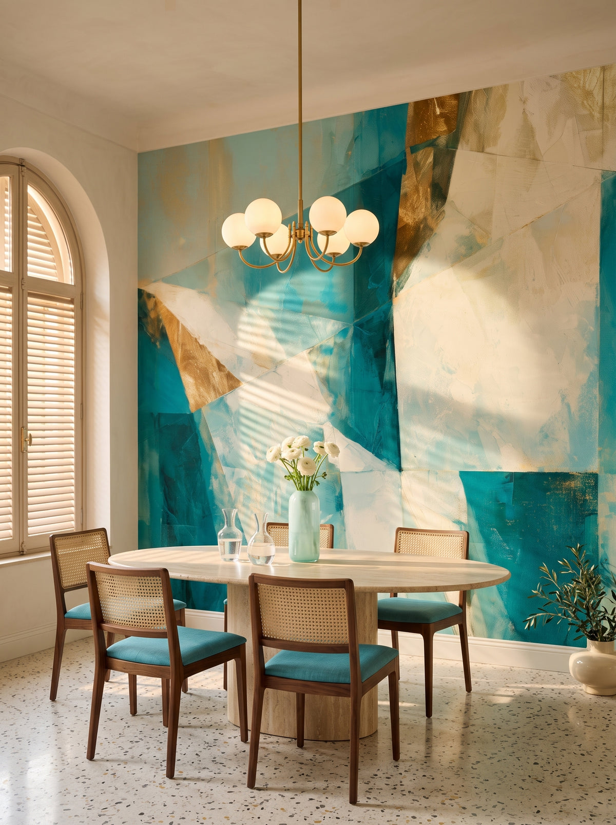 CUBIST RIVIERA in a dining room setting: an oval stone table with chairs and a chandelier in front of a wall with the mural
