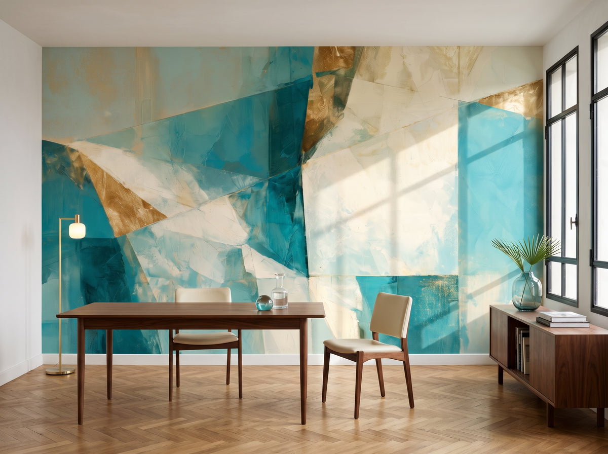 CUBIST RIVIERA in a study setting: a long walnut desk and cream chairs in front of a whole wall