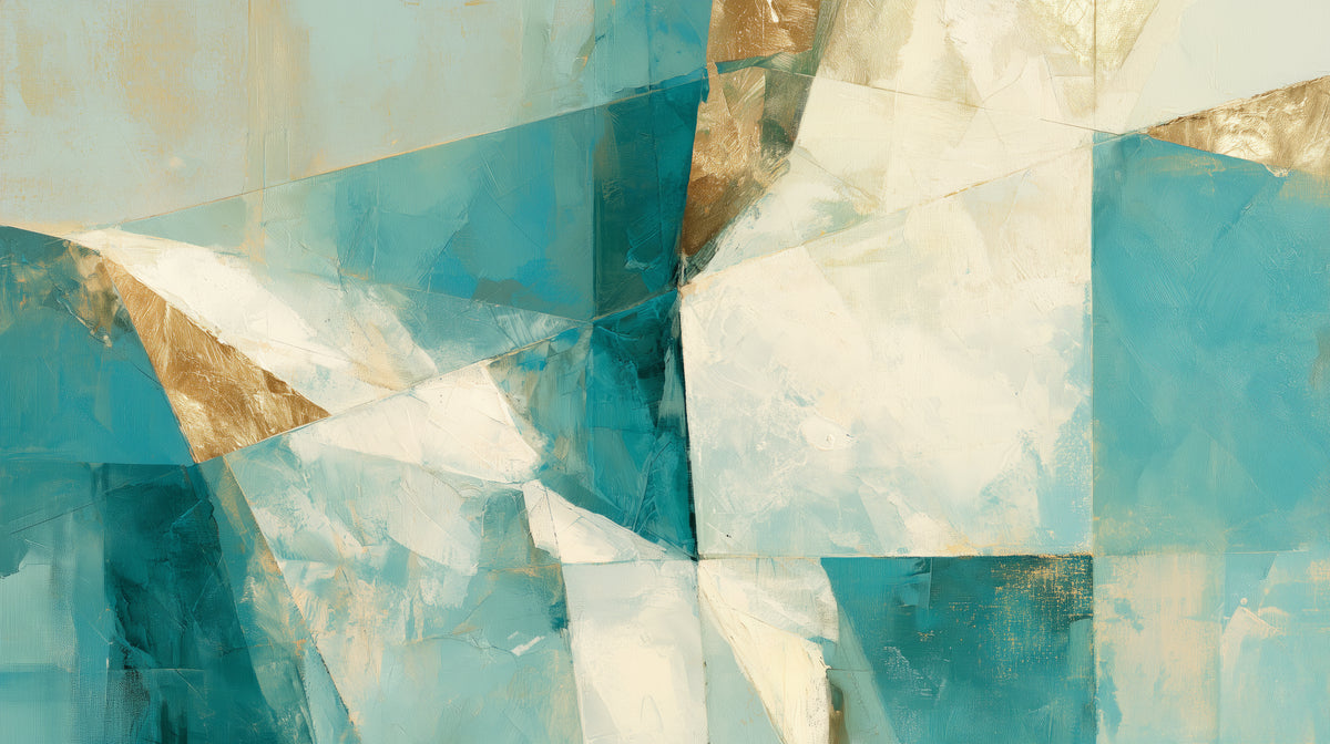 Pattern preview: CUBIST RIVIERA – the full design: soft planes of turquoise, a large cream rectangle on the right and three gold accents