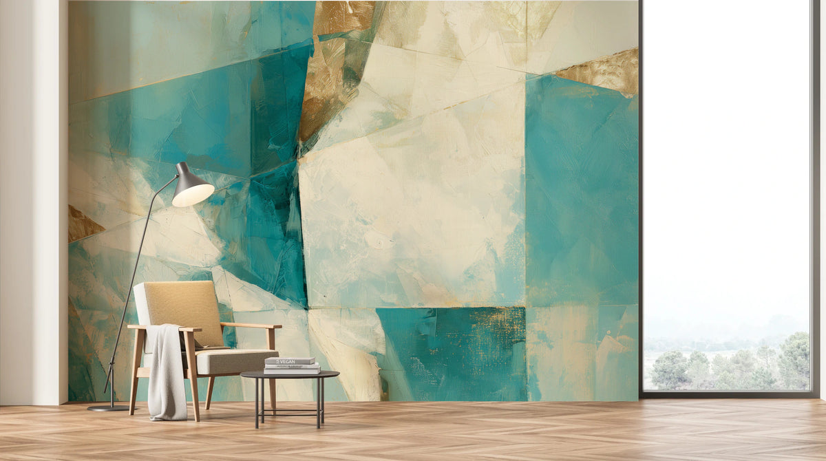 CUBIST RIVIERA on the wall of a living room with a large window, behind an armchair and a floor lamp – the scale of the cream rectangle