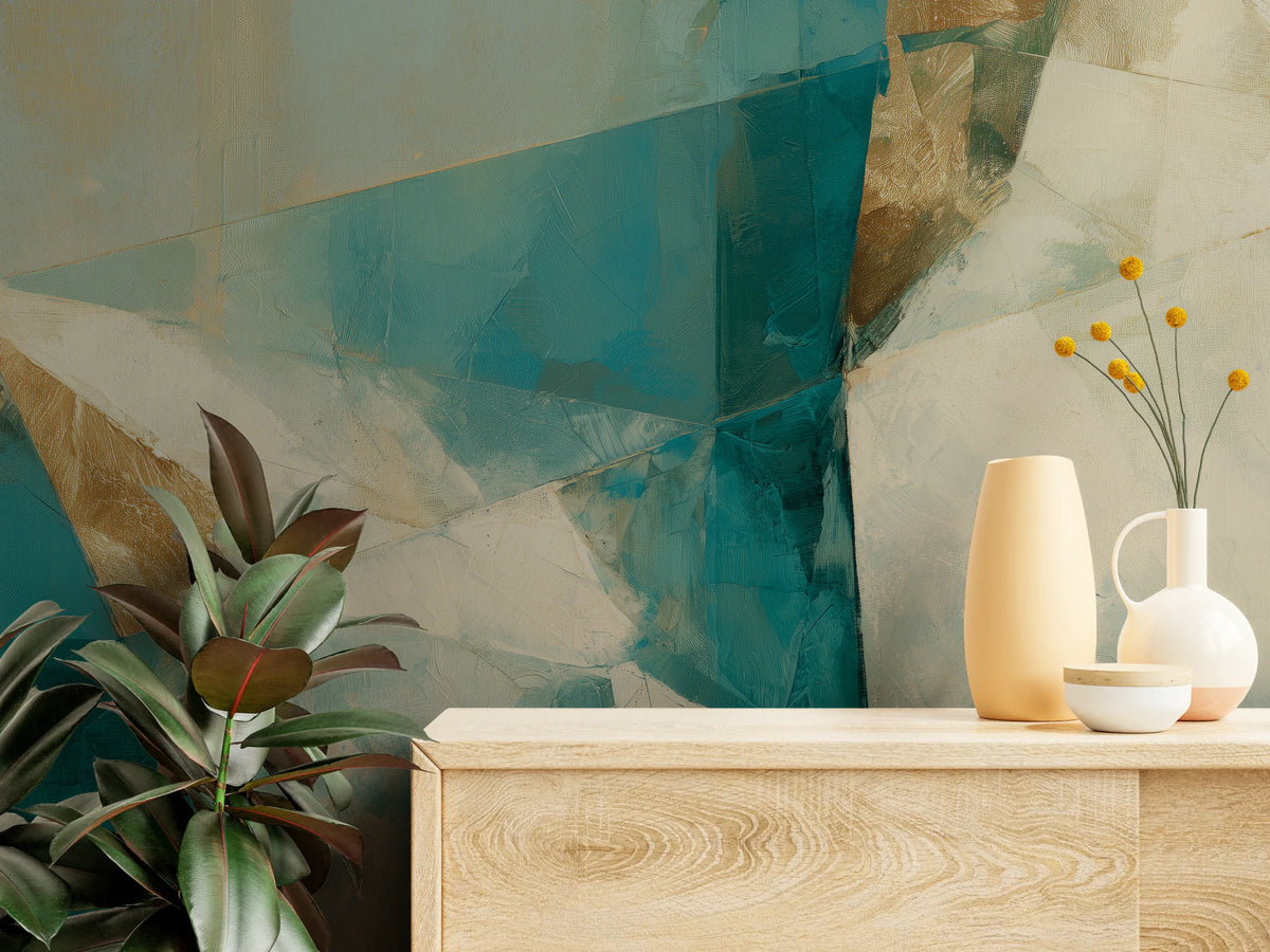 CUBIST RIVIERA close up above an oak chest of drawers with vases: turquoise planes, a dark vertical and a gold wedge