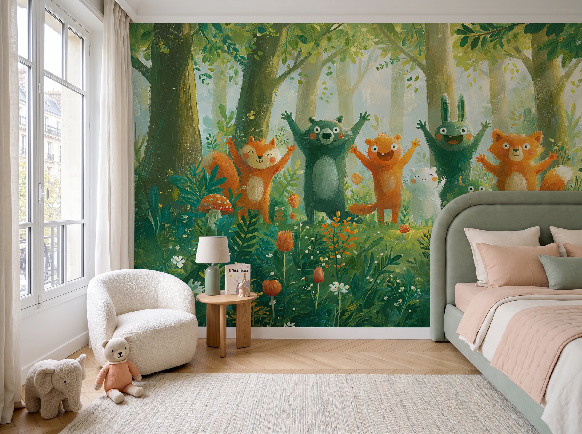 HAPPY CLEARING - tapeta z leśnymi zwierzętami na polanie — children's room with window