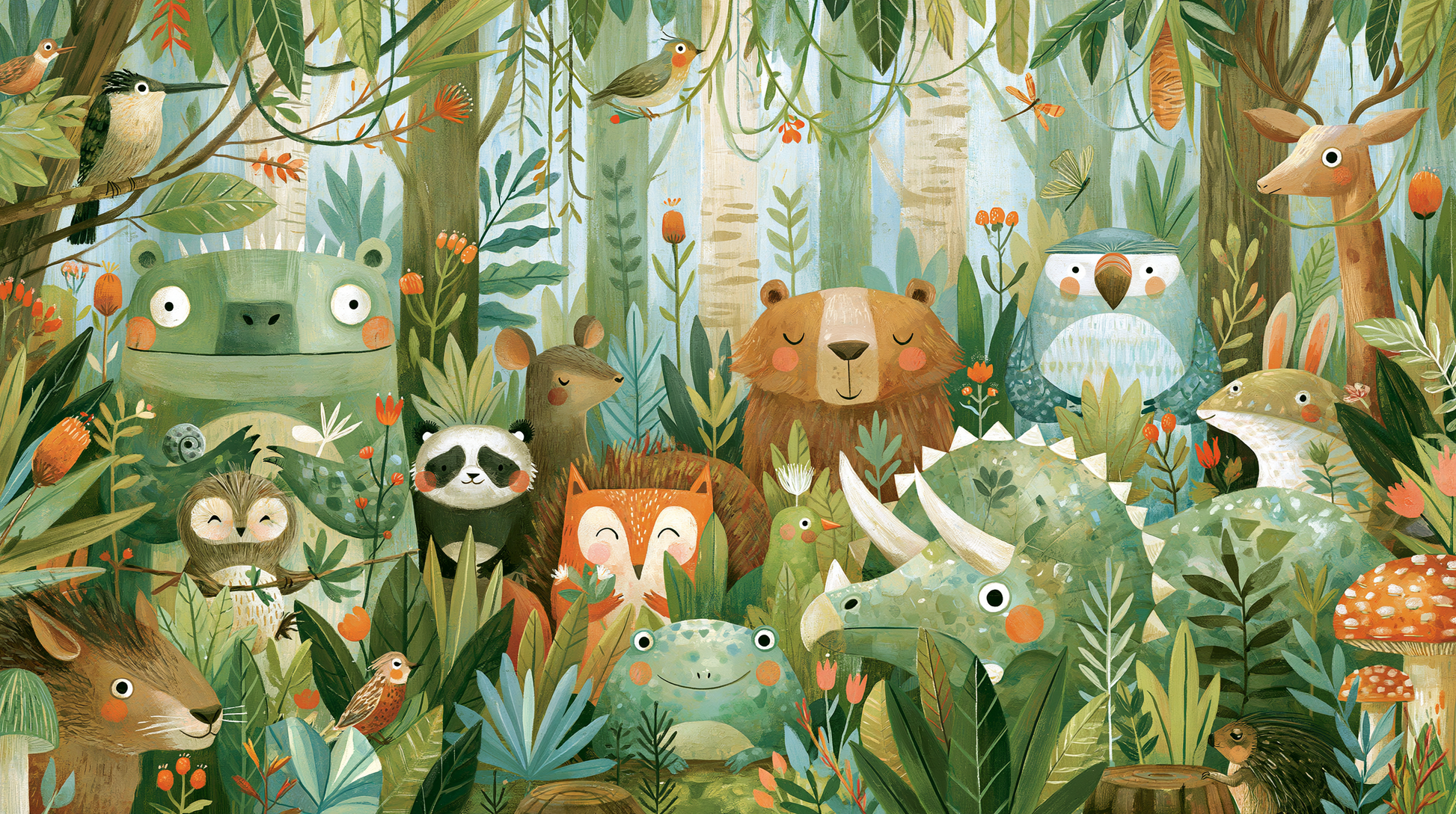 FOREST FRIENDS - fototapeta z leśnymi zwierzętami dla dzieci — Pełny wzór