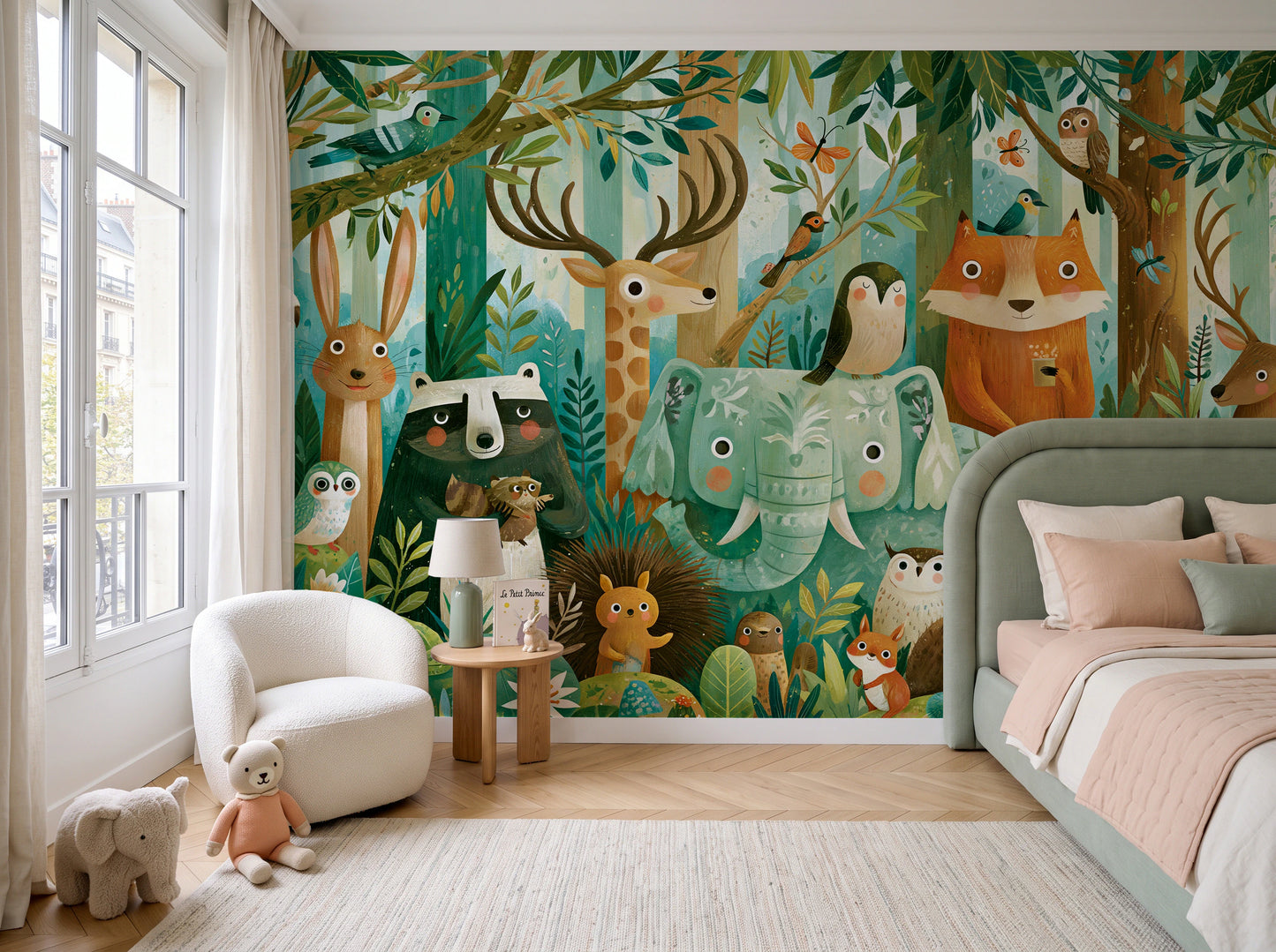 EMERALD THICKET - malarska tapeta z leśnymi zwierzętami — children's room with window