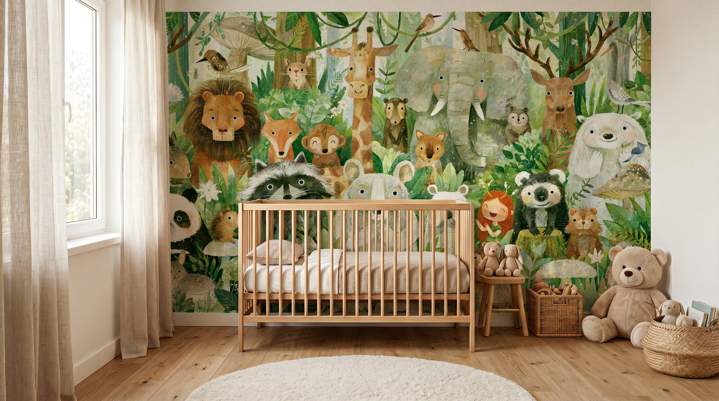 GREEN PARADE - tapeta ze zwierzętami wśród paproci — KIDS room - baby cot