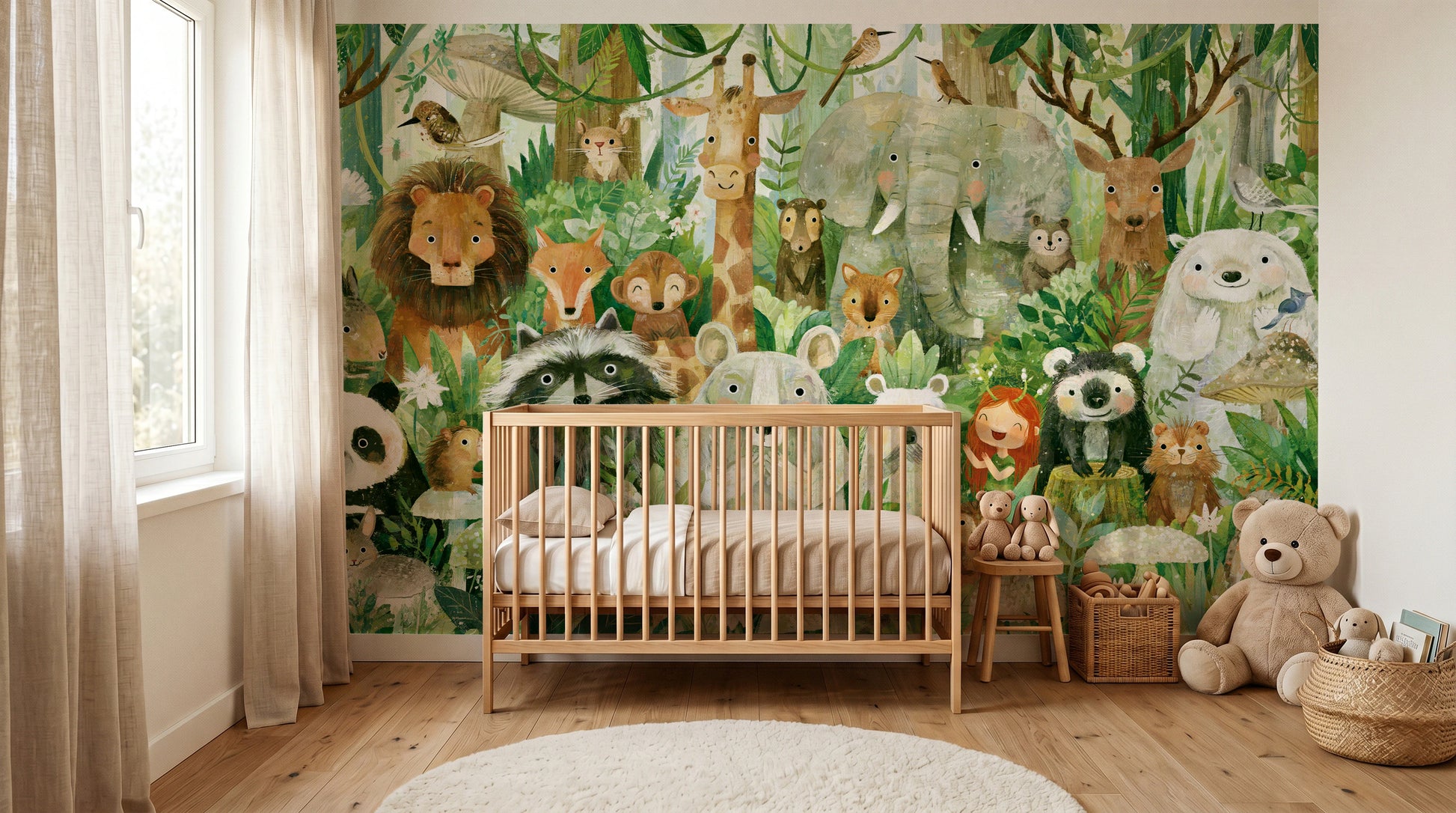 GREEN PARADE - tapeta ze zwierzętami wśród paproci — KIDS room - baby cot