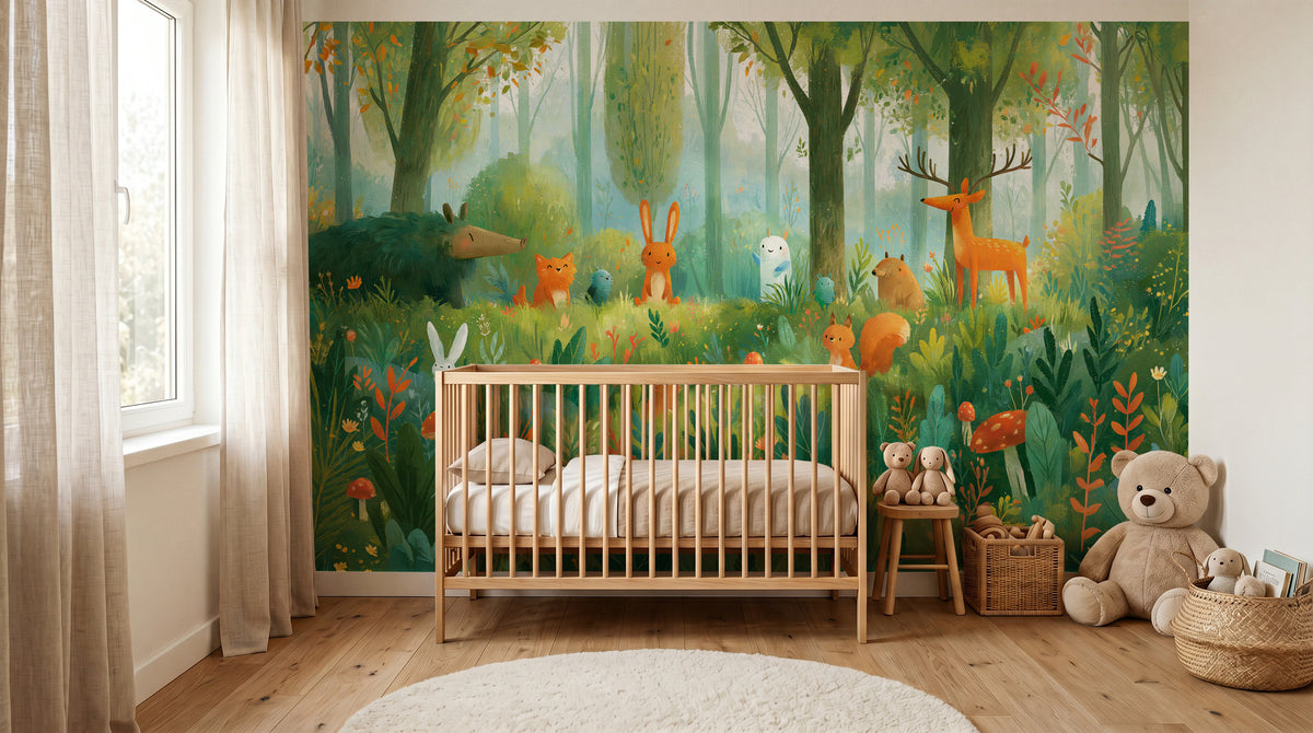 MOSSY GLADE - leśna polana ze zwierzętami w akwareli — KIDS room - baby cot