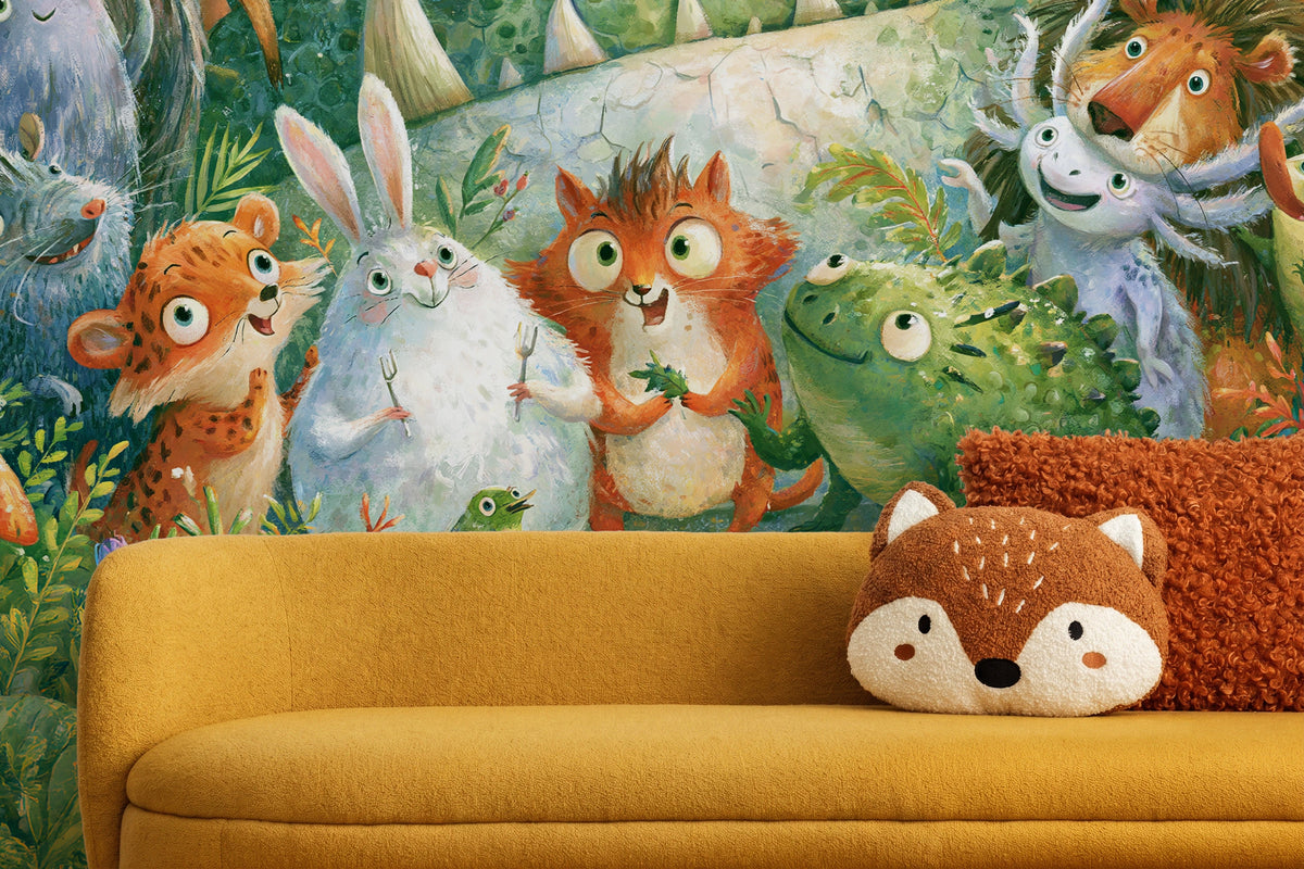 FERN TRAIL TROOP - tapeta z leśnymi zwierzętami — CHILDREN'S ROOM - CLOSE UP ON THE PATTERN