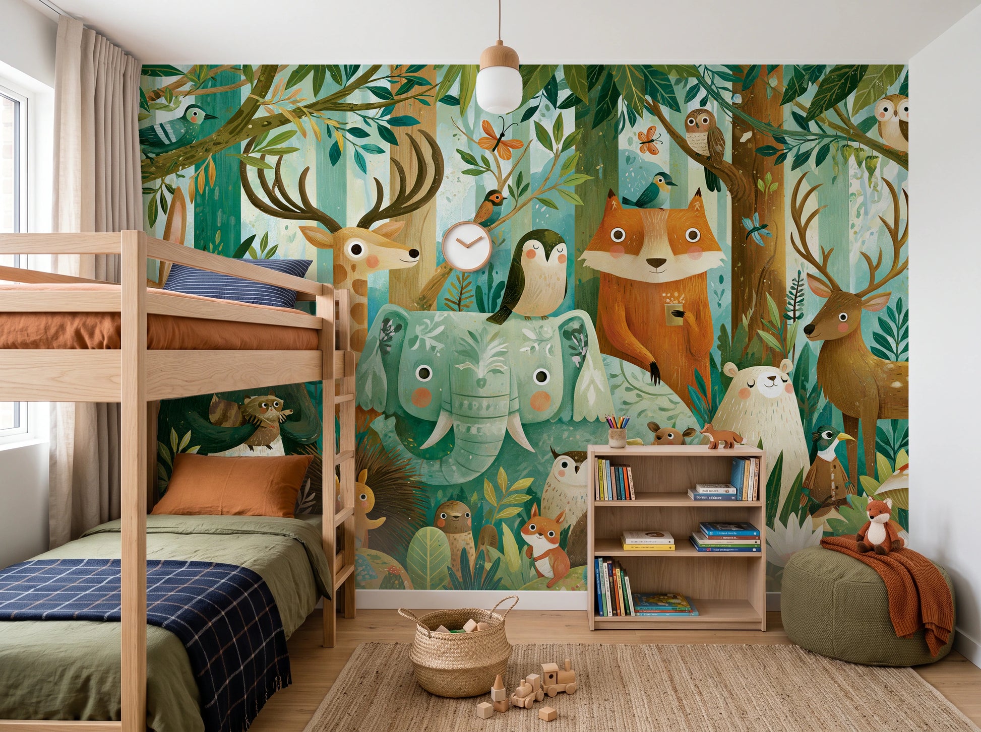 EMERALD THICKET - malarska tapeta z leśnymi zwierzętami — CHILDREN'S ROOM WITH BUNK BED