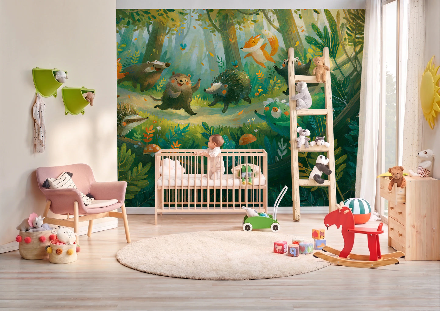 DANCING HOLLOW - tapeta z leśnymi zwierzętami dla dzieci — BABY'S ROOM WITH A COT AND A BABY
