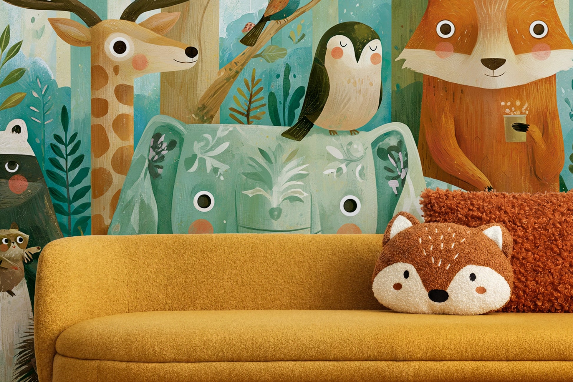 EMERALD THICKET - malarska tapeta z leśnymi zwierzętami — CHILDREN'S ROOM - CLOSE UP ON THE PATTERN