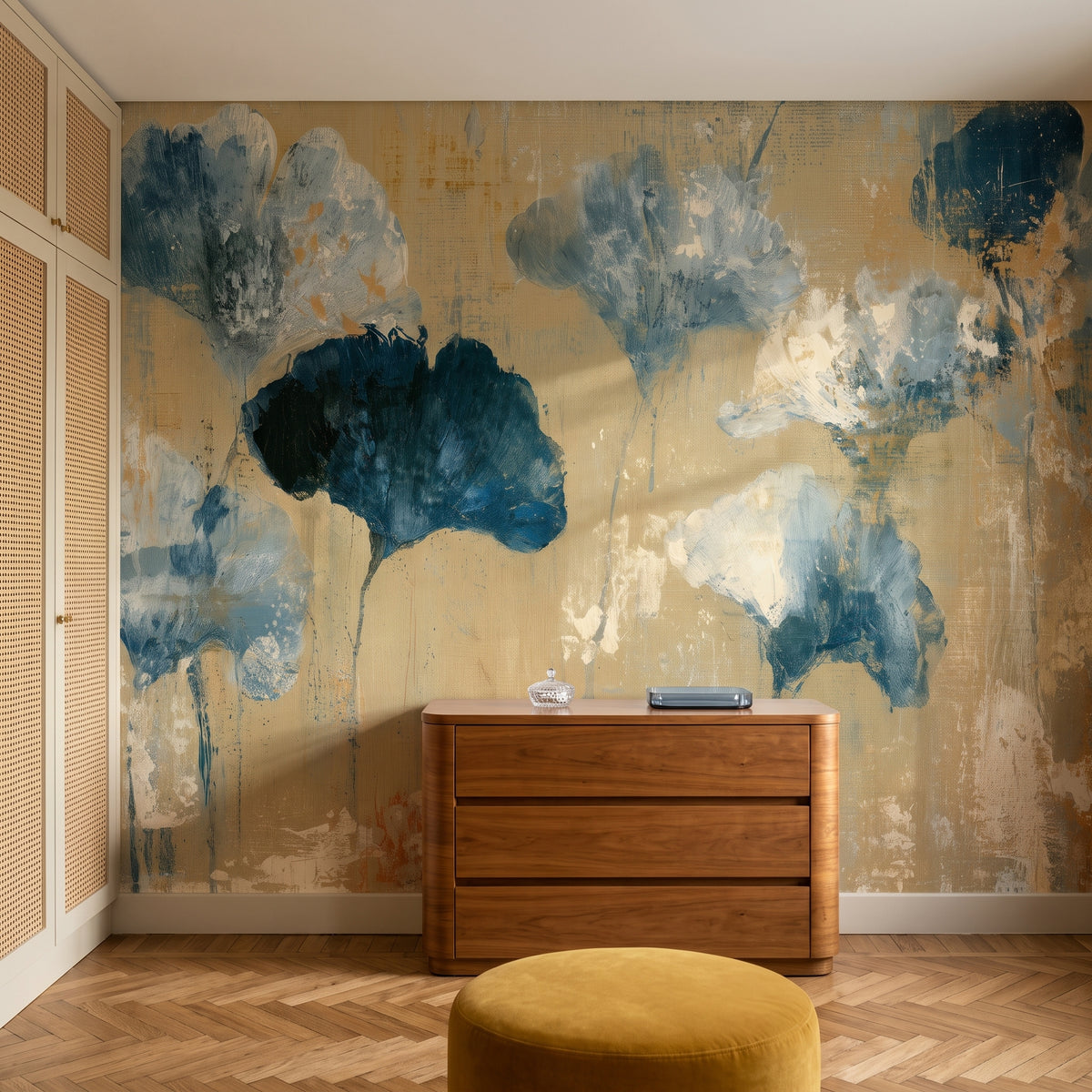DENIM AND OCHRE w aranżacji garderoby w apartamencie art deco w Buenos Aires, przed ścianą komoda i pufa