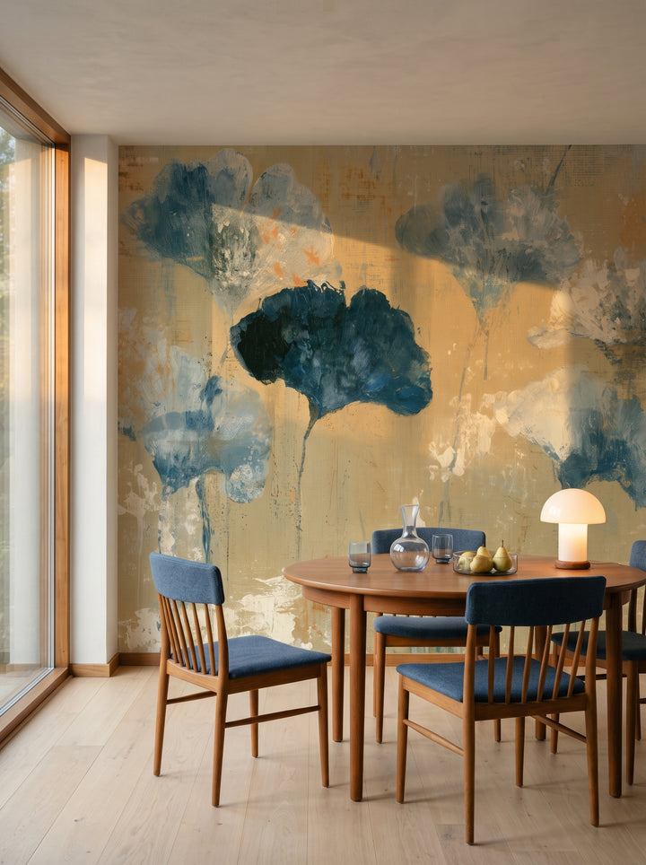 DENIM AND OCHRE in a dining room setting in a Danish house in Klampenborg, with a round teak table and chairs in front of the wall