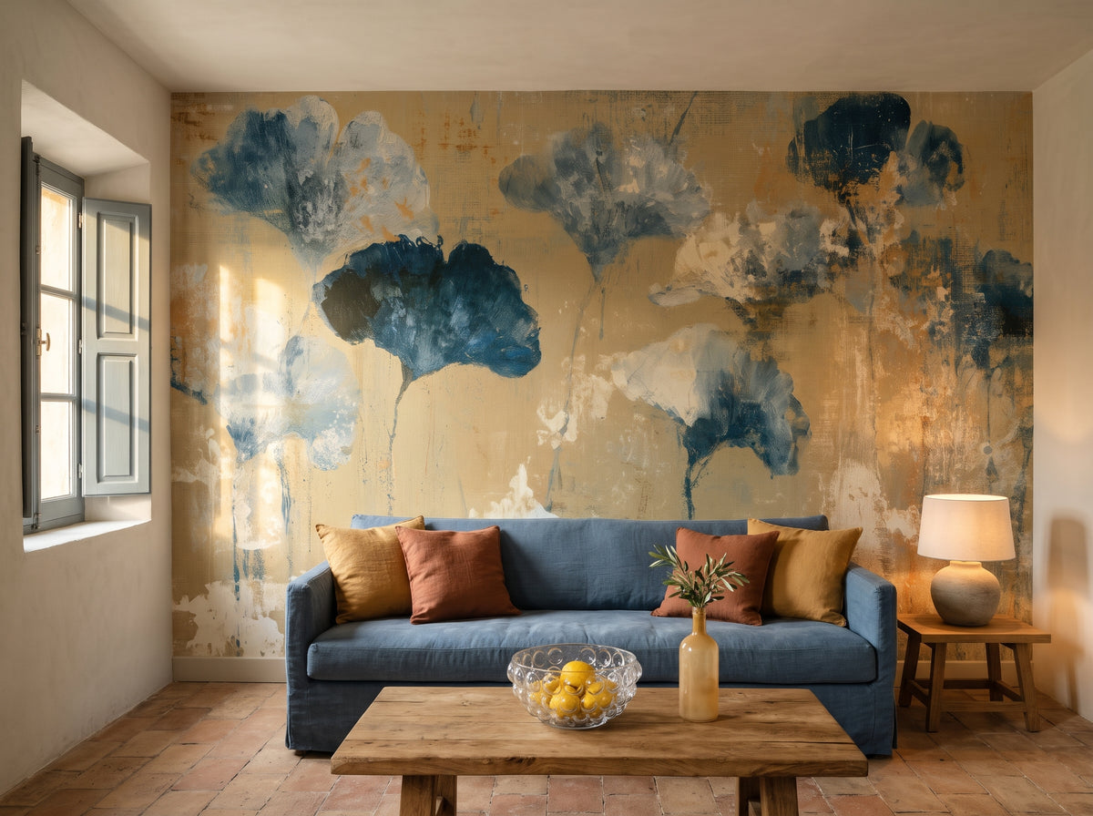 DENIM AND OCHRE w aranżacji salonu w kamiennym domu koło Gordes, przed ścianą niska sofa w kolorze denimu