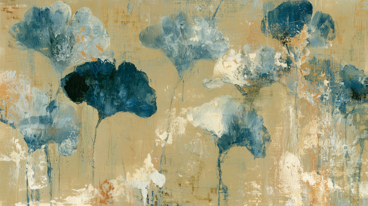 DENIM AND OCHRE – the full design: navy, blue and white ginkgo leaves on an ochre ground with a canvas texture
