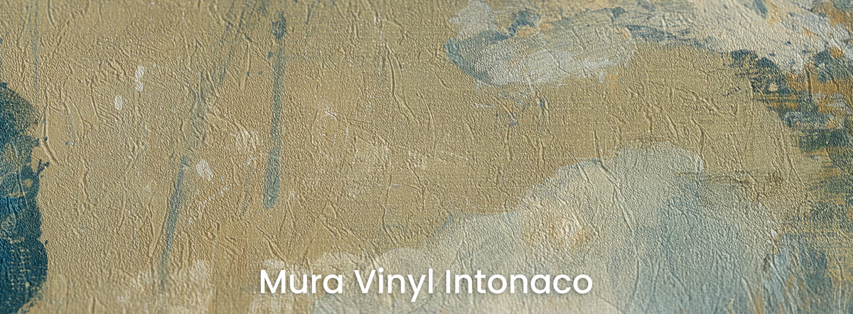 DENIM AND OCHRE na podłożu Mura Vinyl Intonaco – tynkowa faktura na musztardowym tle