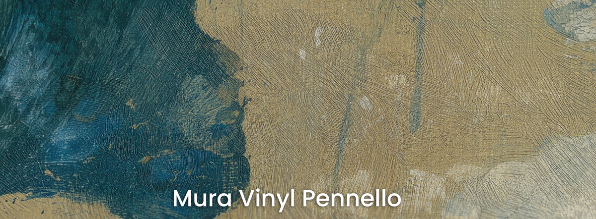 DENIM AND OCHRE na podłożu Mura Vinyl Pennello – pociągnięcia pędzla na granatowym liściu i ochrze
