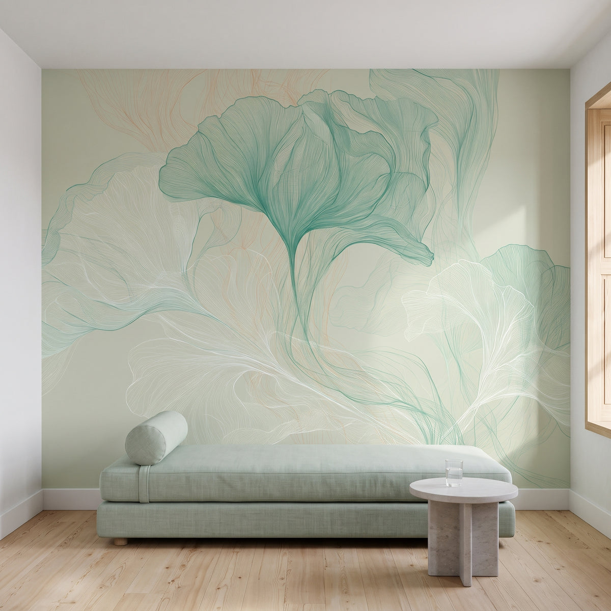DEWFALL dans une chambre d’un hôtel spa dans le Tyrol du Sud, devant le mur une méridienne céladon et une table en pierre