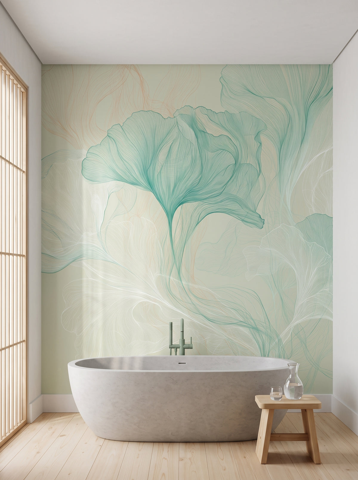 DEWFALL dans une salle de bains d’une maison à Kyoto, devant le mur une baignoire ovale en pierre et un tabouret en hinoki