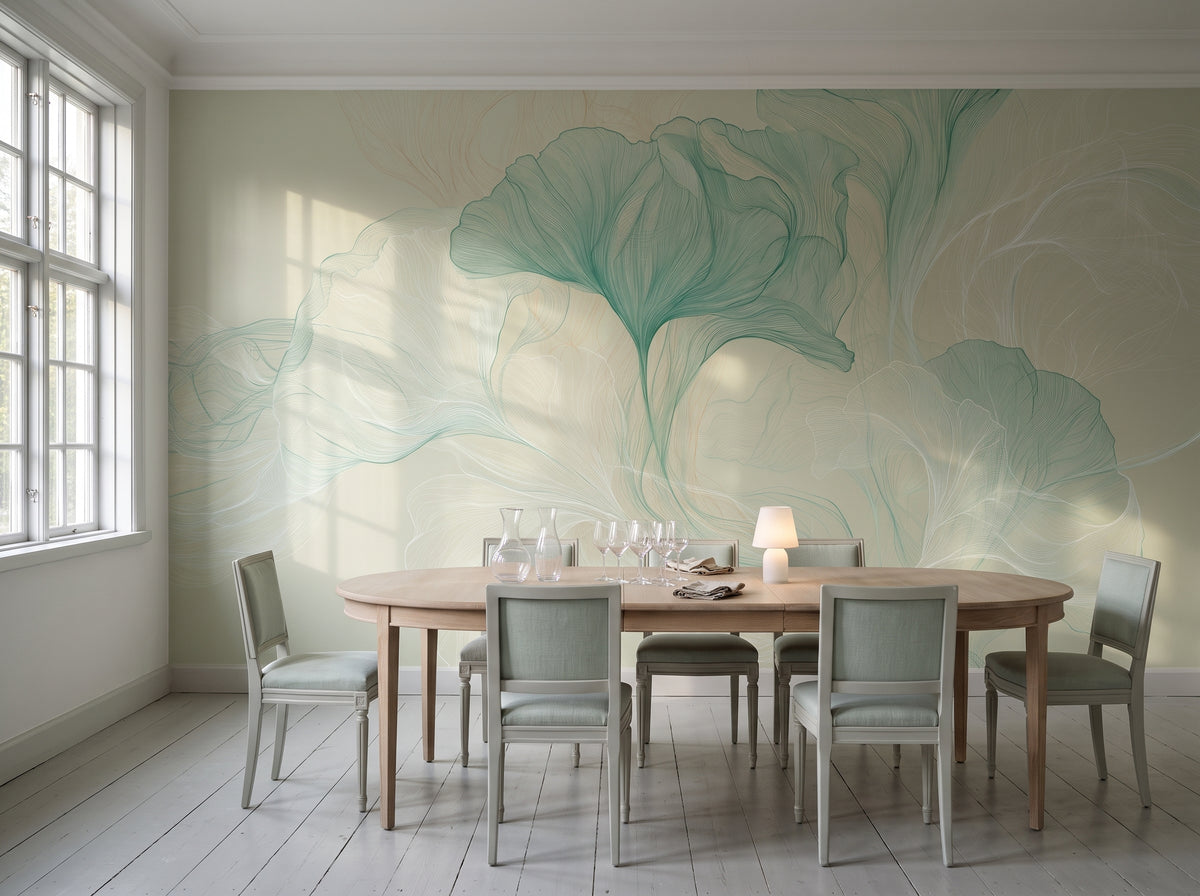 DEWFALL dans la salle à manger d’un manoir gustavien, devant le mur une table ovale et des chaises en lin céladon