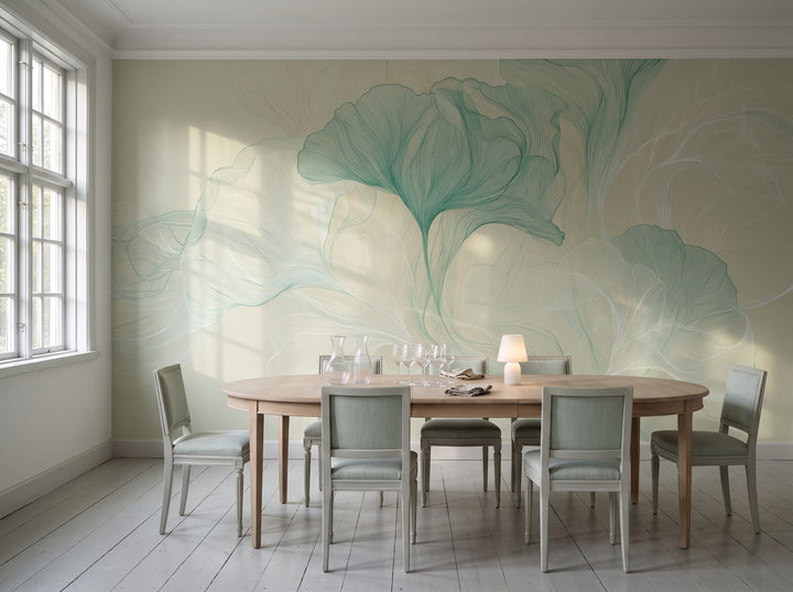 DEWFALL dans la salle à manger d’un manoir gustavien, devant le mur une table ovale et des chaises en lin céladon
