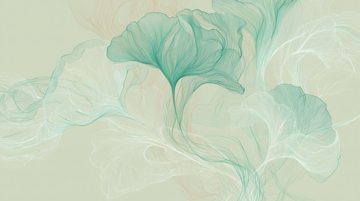 DEWFALL – motif complet : feuille de ginkgo jade et contours menthe et blanc sur un fond céladon pâle