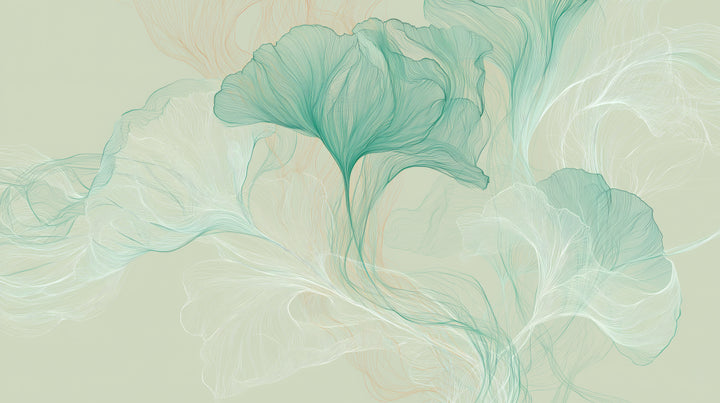 DEWFALL – motif complet : feuille de ginkgo jade et contours menthe et blanc sur un fond céladon pâle