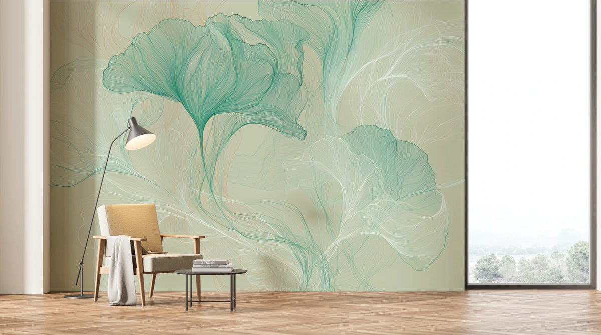 DEWFALL sur le mur d’un salon lumineux avec grande fenêtre – un fauteuil avec plaid et une lampe sous la feuille jade montrent l’échelle