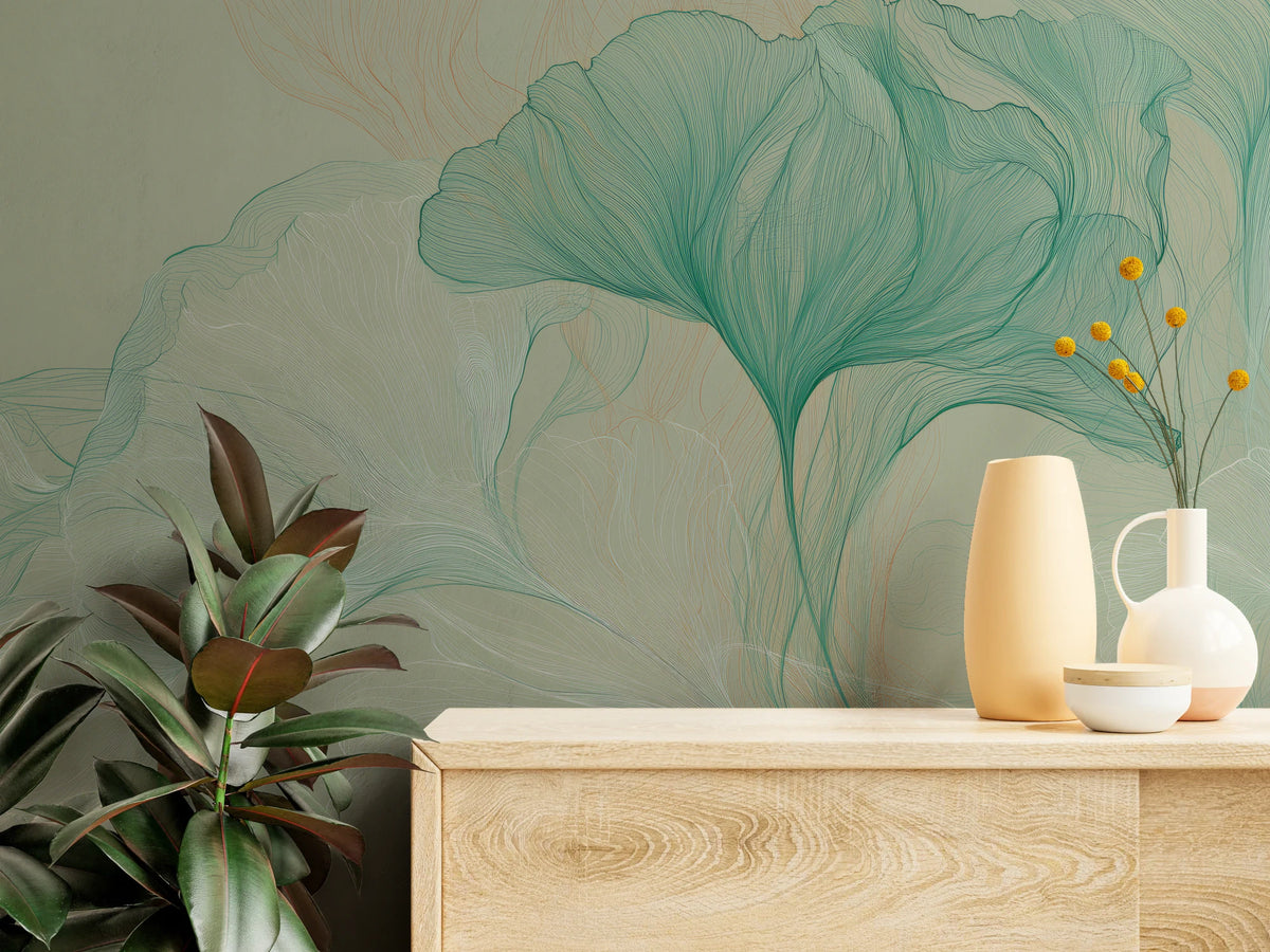 DEWFALL en gros plan – lignes jade de la feuille et fils pêche au-dessus d’une commode avec des vases