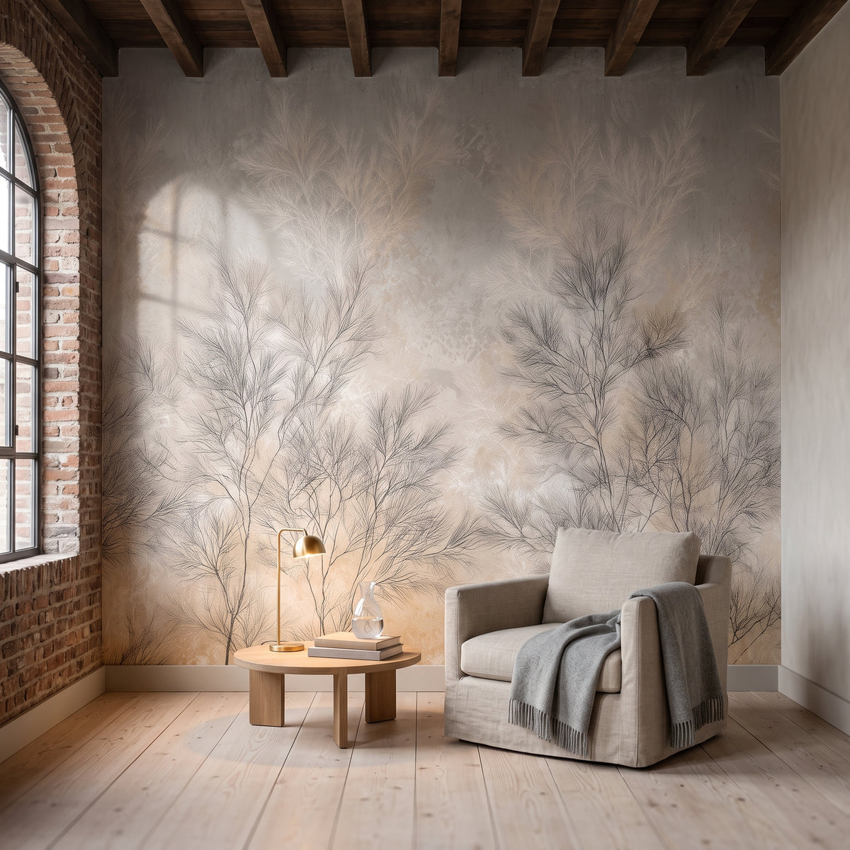 DOVE FILIGREE in a reading nook setting in a brick warehouse in Ghent, with a linen armchair and a side table with a lamp