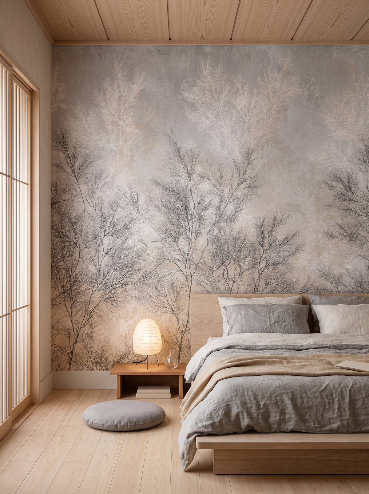 DOVE FILIGREE in a hotel guest suite setting in Kyoto, with a low bed, a side table with a paper lamp and a pouffe in front of the wall