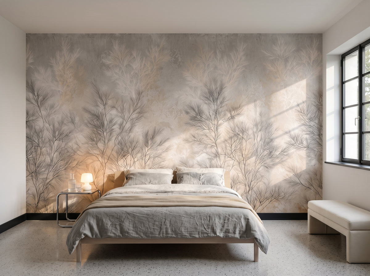 DOVE FILIGREE in a bedroom setting at a modernist villa in Brno, with a low bed and a chrome side table in front of the wall