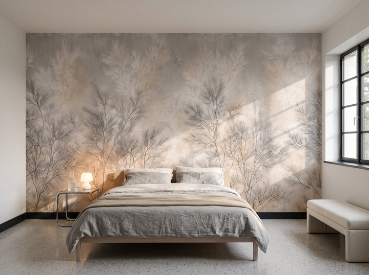 DOVE FILIGREE in a bedroom setting at a modernist villa in Brno, with a low bed and a chrome side table in front of the wall