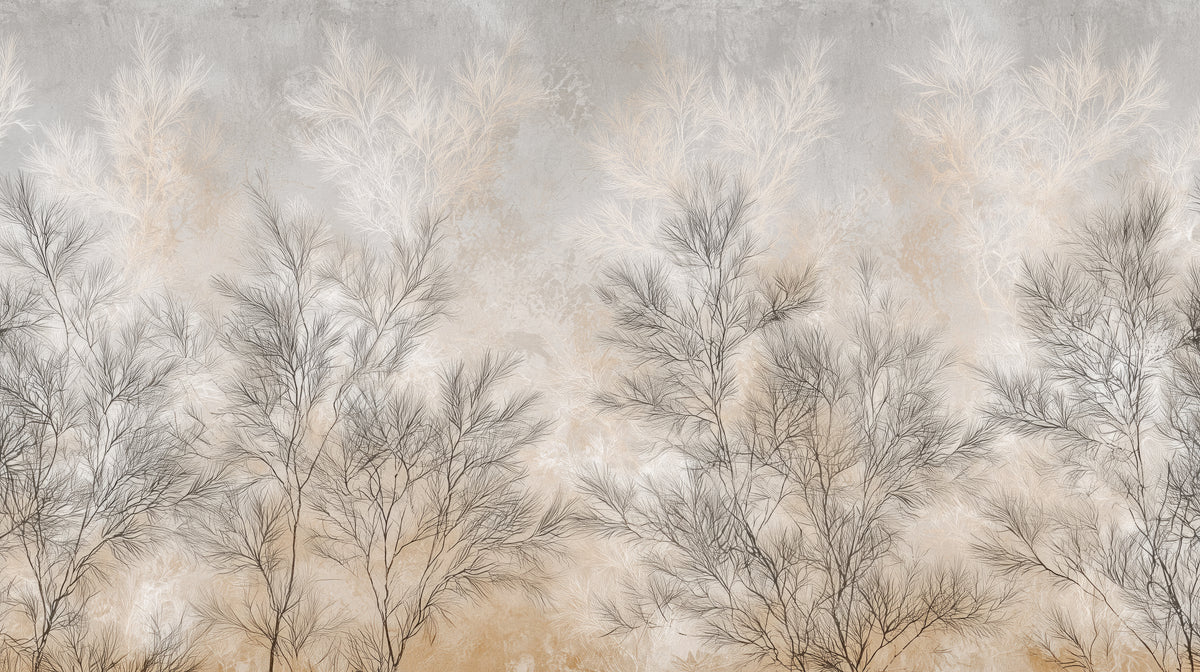 DOVE FILIGREE – full design: dark grey and white feathery shrubs on a light grey background fading into sand and ochre