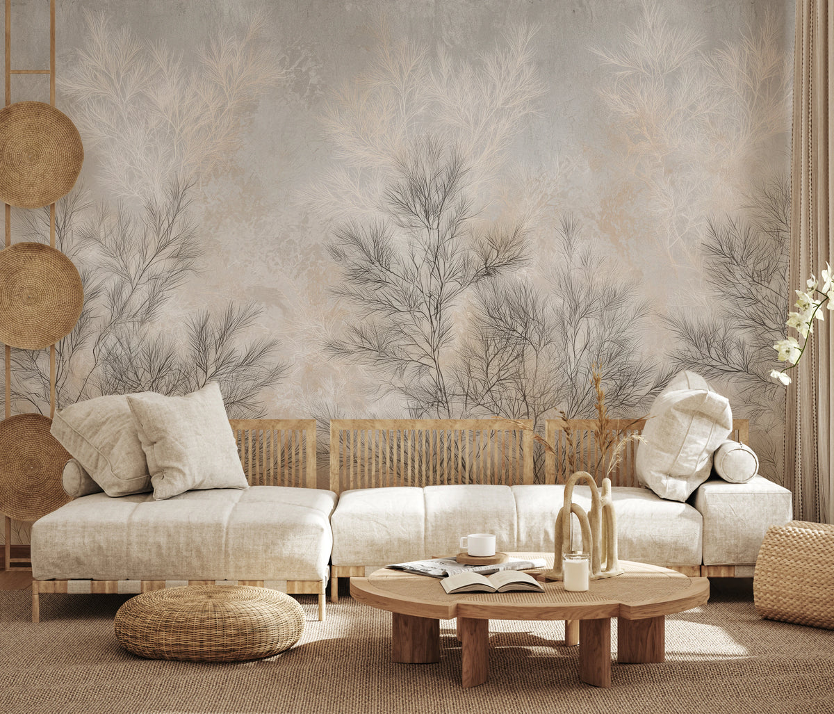 DOVE FILIGREE across the whole wall of a bright living room; shrubs rise high above a wooden-framed sofa and a round table