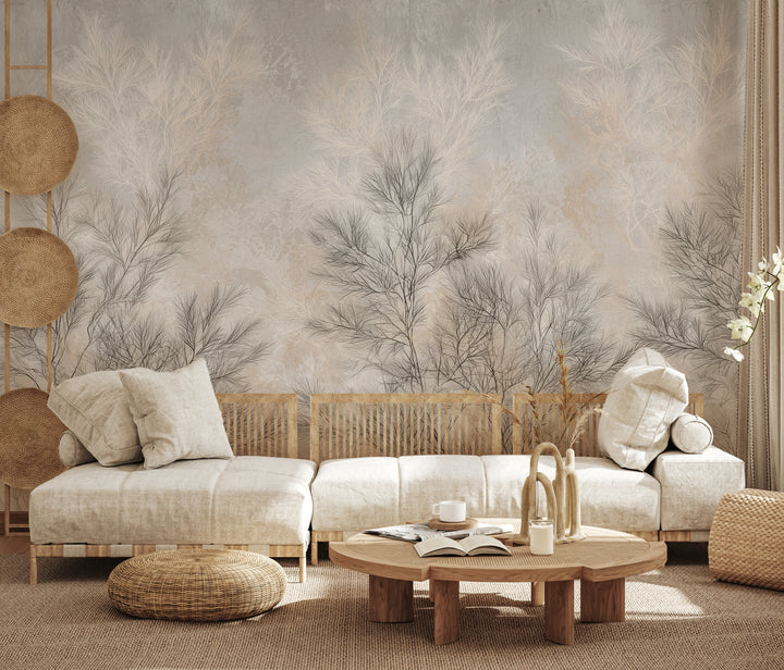DOVE FILIGREE across the whole wall of a bright living room; shrubs rise high above a wooden-framed sofa and a round table