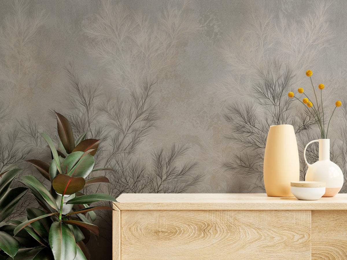 DOVE FILIGREE close up: fine twigs and a worn background above a light wood chest of drawers with vases