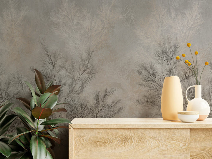 DOVE FILIGREE close up: fine twigs and a worn background above a light wood chest of drawers with vases