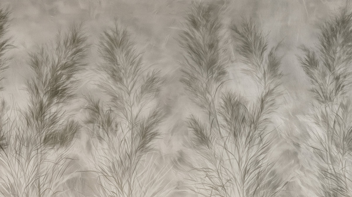 Vista previa del patrón: DOVE GRASSES – diseño completo: seis matas de gramíneas gris oliva con tallos finos sobre un fondo gris claro desgastado