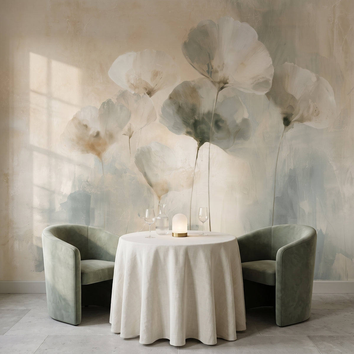 DOVE LANTERNS als Raumgestaltung eines Restaurants in Edinburgh, davor ein runder Tisch mit Tischdecke und Samtsessel