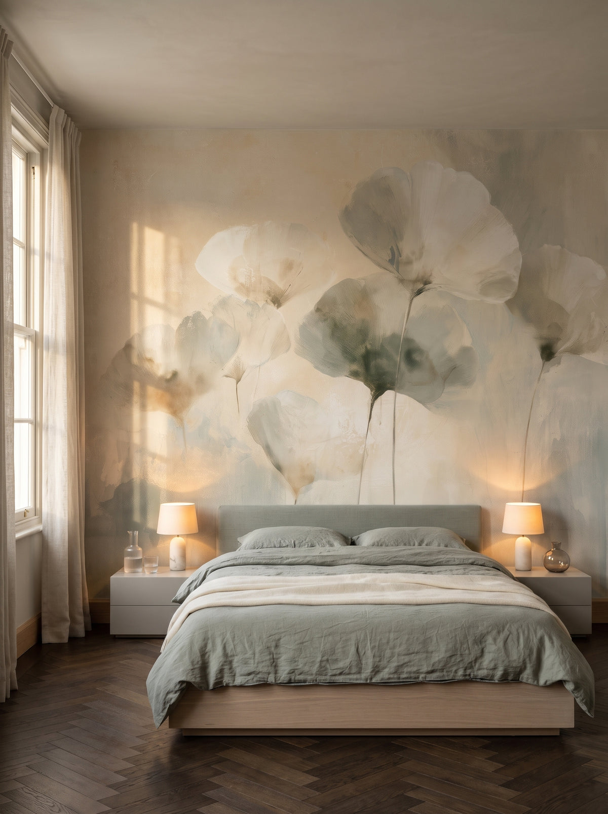 DOVE LANTERNS als Raumgestaltung eines Schlafzimmers in einem New Yorker Apartment, davor ein niedriges Bett und zwei graue Nachttische