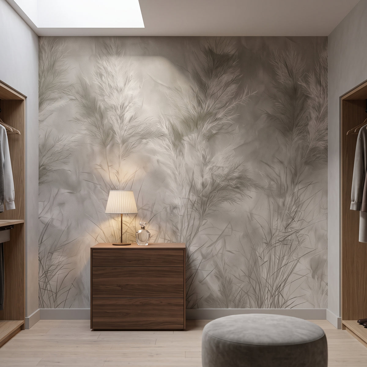 DRYPOINT nell'ambientazione di una cabina armadio in un attico a Monaco di Baviera, davanti alla parete un cassettone basso e un pouf