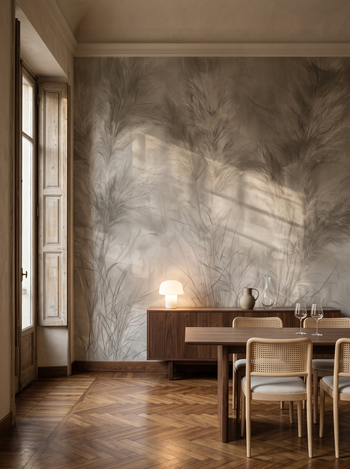 DRYPOINT nell'ambientazione di una sala da pranzo in un appartamento ottocentesco a Torino, davanti alla parete una credenza bassa in noce con lampada